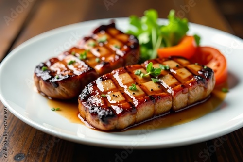 Juicy teriyaki pork steaks served on a white plate with grill marks, grilled, cuisine, food