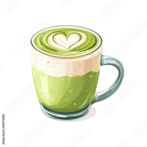 Delicious Matcha Latte in Glass Mug Heart Shaped Foam Art Perfect for Cafe Menu or Beverage Advertisement