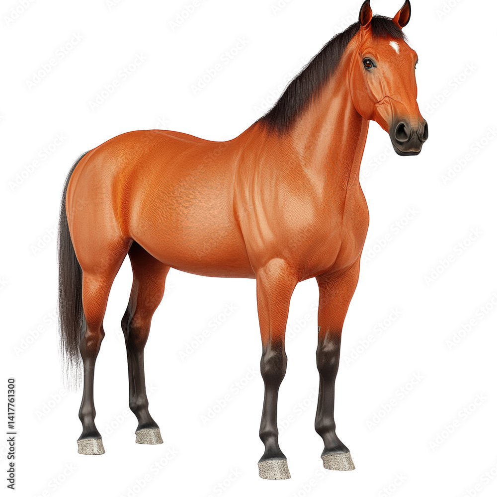 Obraz premium Realistic detailed side view of a strong well-built brown horse standing on a plain white background with a shiny coat and attentive expression