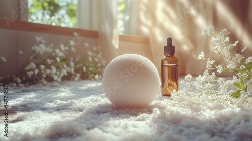 Relaxing bath scene featuring a bath bomb and essential oil bottle surrounded by flowers and sunlight
