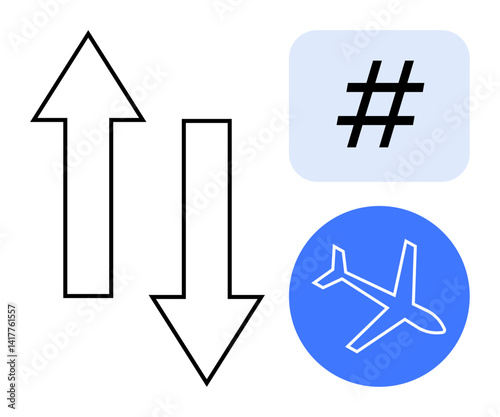 Upward and downward arrows, a blue circle with an airplane, and a metadata tag element. Ideal for travel, communication, social media, navigation, technology, direction and a simple landing page