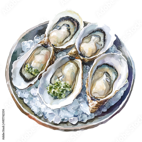 Oyster Platter On Crushed Ice, vector watercolor illustration, isolated on a white background.