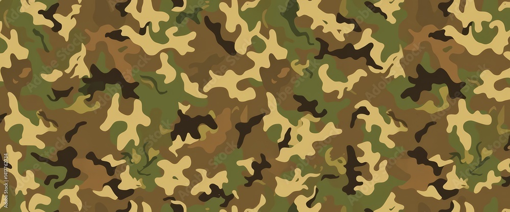 Seamless camouflage pattern featuring earthy tones and natural shapes, digital, green