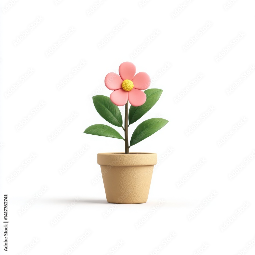 Obraz premium A flower with pink petals and a yellow center in a beige pot on a white background