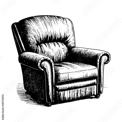 Sofa engraving black and white outline. Scratch board imitation.  illustrated in vintage line art style on a white background.