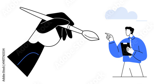 Giant hand gripping paintbrush creating focus on creativity while man points holding clipboard. Ideal for creativity, innovation, collaboration, design, teaching, guidance, artistic exploration. Flat