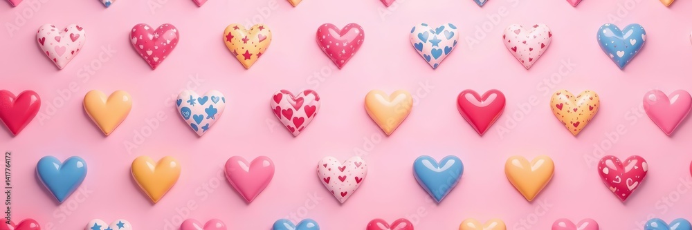 Seamless pattern of colorful hearts with wings on a pastel pink background, sweet, pink, hearts Seamless pattern of colorful hearts with wings on a pastel pink background, sweet, pink, hearts