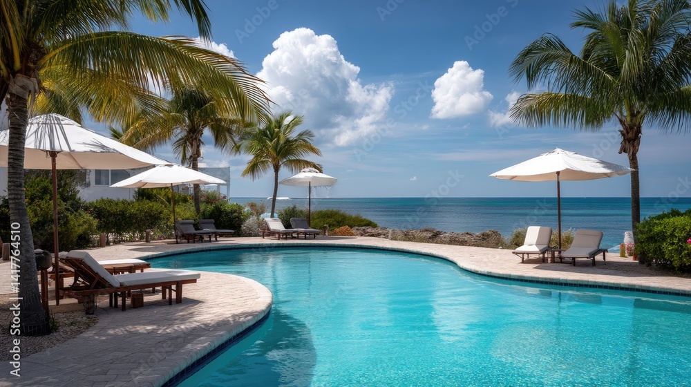 Scenic resort pool view with lounge chairs against ocean and bright sky Scenic resort pool view with lounge chairs against ocean and bright sky