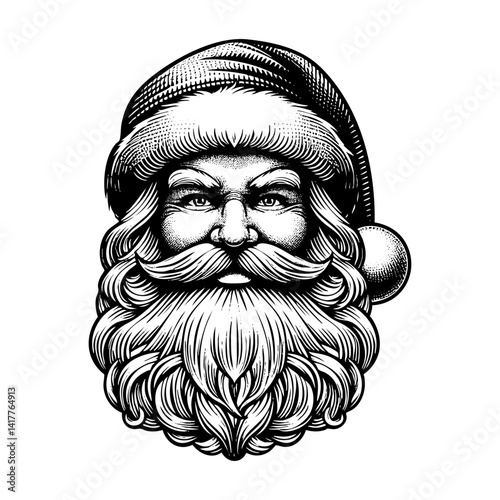 Santa clause portrait sketch engraving black and white outline. Scratch board imitation.