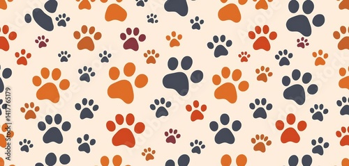 Seamless repeating pattern of cute pet paw prints, ideal for wallpaper or textile design,  paw prints pattern, fabric