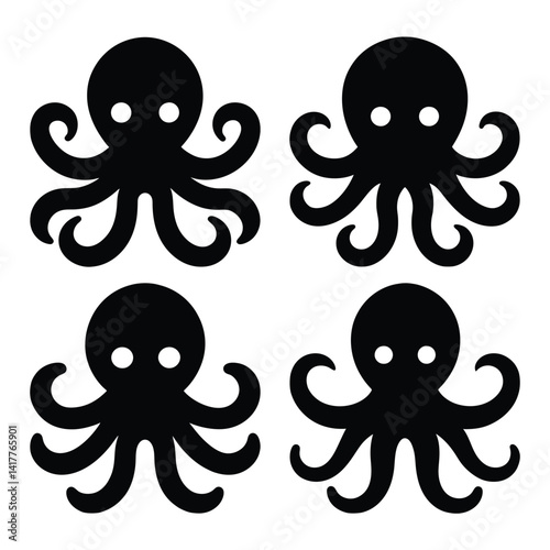 Four Simple Black Octopus Silhouettes on White Background