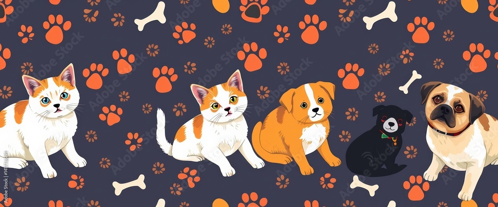 Seamless vector textile pattern featuring cats, dogs, fish bones, and paw prints, fabric, design Seamless vector textile pattern featuring cats, dogs, fish bones, and paw prints, fabric, design