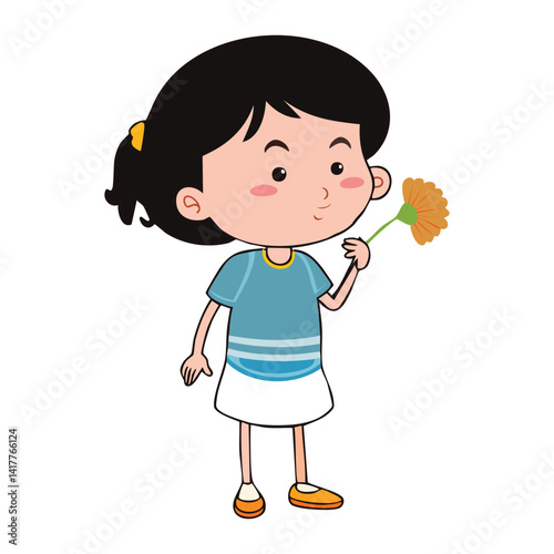 Little cute girl with a flower in her hand vector illustration