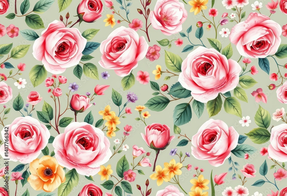 Naklejka premium Seamless watercolor floral pattern featuring roses, wildflowers, leaves, and branches; perfect for tile backgrounds, green, bloom