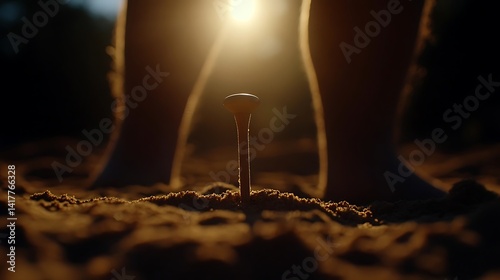 A golf tee in the sand, bathed in golden light. photo