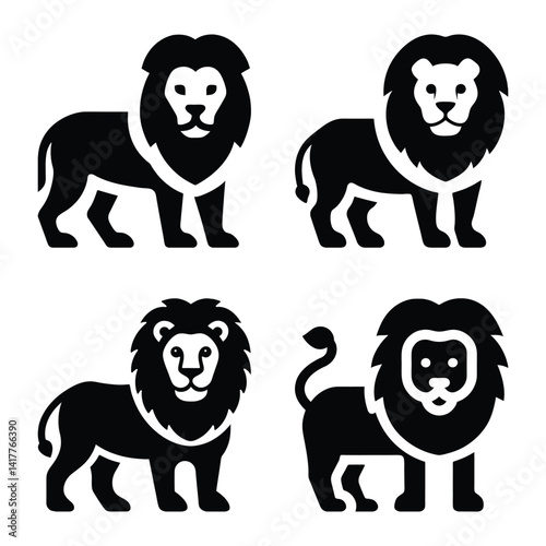 Four Simple Black and White Lion Silhouettes