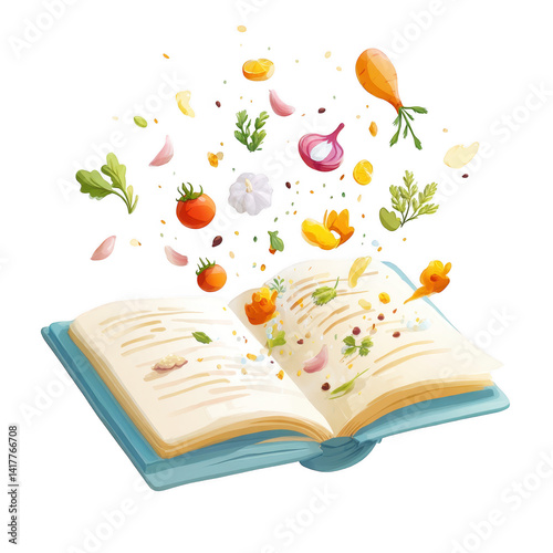 Open Cookbook with Flying Vegetables and Herbs A Culinary Delight Recipe Book Illustration