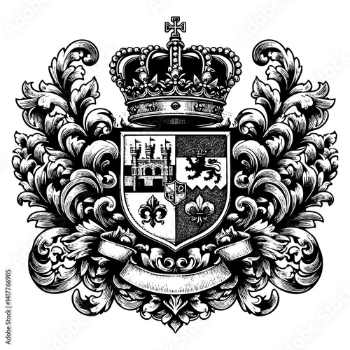 Heraldic emblem sketch engraving black and white outline. Scratch board imitation.  illustrated in vintage line art style on a white background.