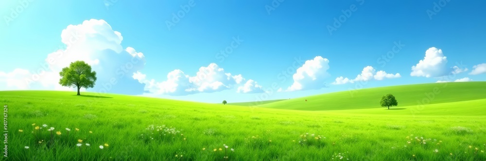 Serene landscape with clear blue sky and lush meadow, landscape, clear sky, meadow