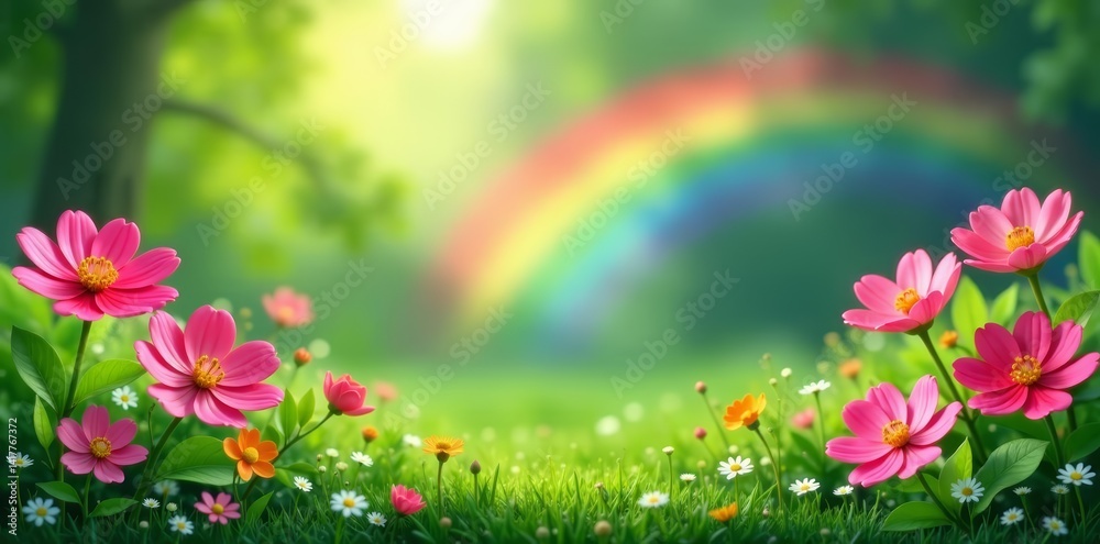 Fototapeta premium Serene nature setting with blooming flowers, fresh green foliage, and a magical rainbow in the background, serene, green, foliage