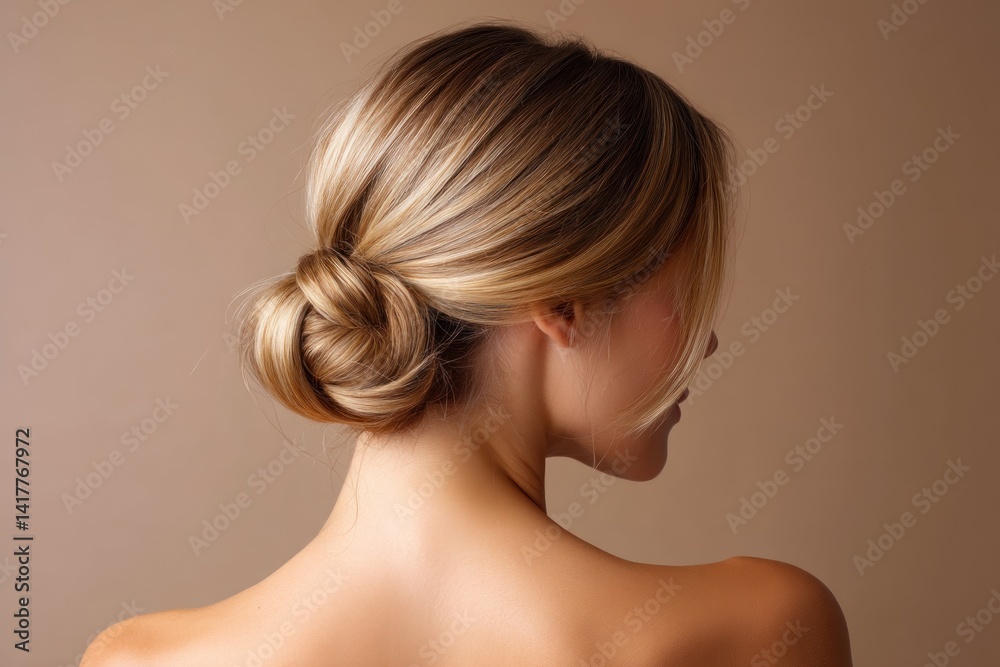 Woman with golden bun hairstyle poses in front of neutral backdrop. Beauty shot Woman with golden bun hairstyle poses in front of neutral backdrop. Beauty shot