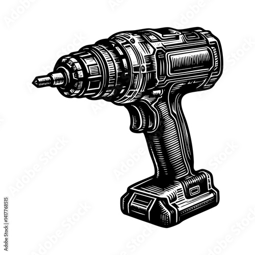 drill equipment sketch engraving black and white outline. Scratch board imitation.  illustrated in vintage line art style on a white background.
