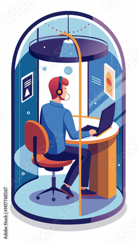 A man is sitting at a desk in a cubicle. He is wearing headphones and typing on a keyboard. The cubicle is blue and has a potted plant in it. The man is focused on his work
