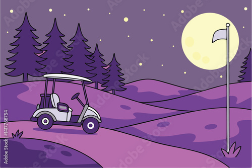65 Night golf course, full moon, starry sky, cartoon style, vibrant colors, golf cart, flag pole, rolling hills, pine trees, glowing fireflies, purple path, tranquil landscape, fantasy atmosphere, dig
