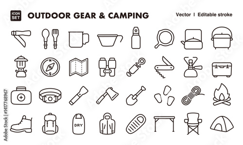 Outdoor gear and camping line icon set. Vector editable stroke icon.