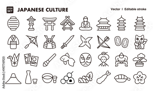 Japanese traditional culture line icon set. Vector editable stroke icon.