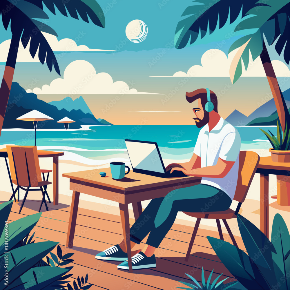 custom made wallpaper toronto digitalA man is sitting at a table on a beach with a laptop in front of him. He is wearing headphones and he is working. The scene is peaceful and relaxing, with the sound of the ocean in the background
