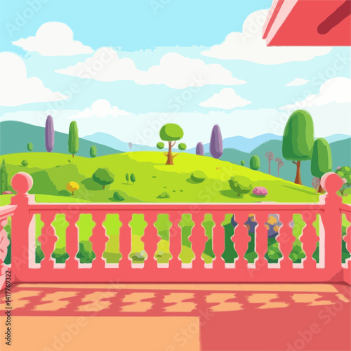  Sunny Terrace Overlooking a Whimsical Landscape with Pink Balustrade and Patterned Flooring