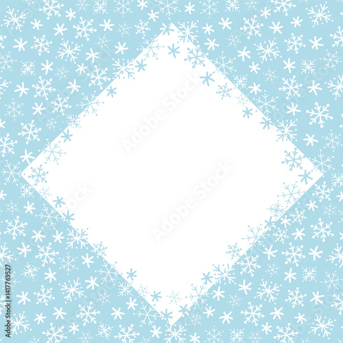 Snowflake Square Frame. Beautiful Winter Holiday Background. Christmas Greeting Card Template. Invitation. Free Space for Your Text. Vector Illustration in Light Blue, White.