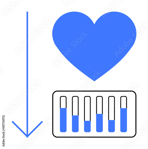 Blue heart above test tubes and a downward arrow representing health monitoring and clinical testing. Ideal for healthcare, diagnostics, pharmacy, heart health, lab analysis, research data, simple