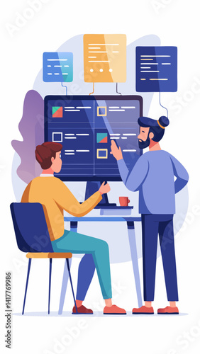 Two men are working on a computer screen, one of them pointing at something. Concept of collaboration and teamwork, as the two men are working together to solve a problem or complete a task