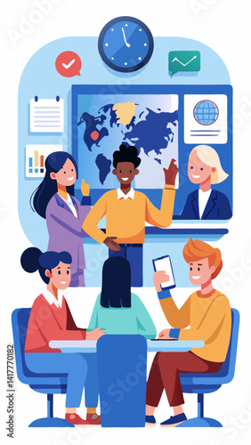A group of people are gathered around a computer screen, with a man giving a presentation. Concept of collaboration and teamwork, as the group works together to learn