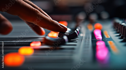 Close-Up of DJ Hand Adjusting Sound Mixer with Colorful Party Lights in Background