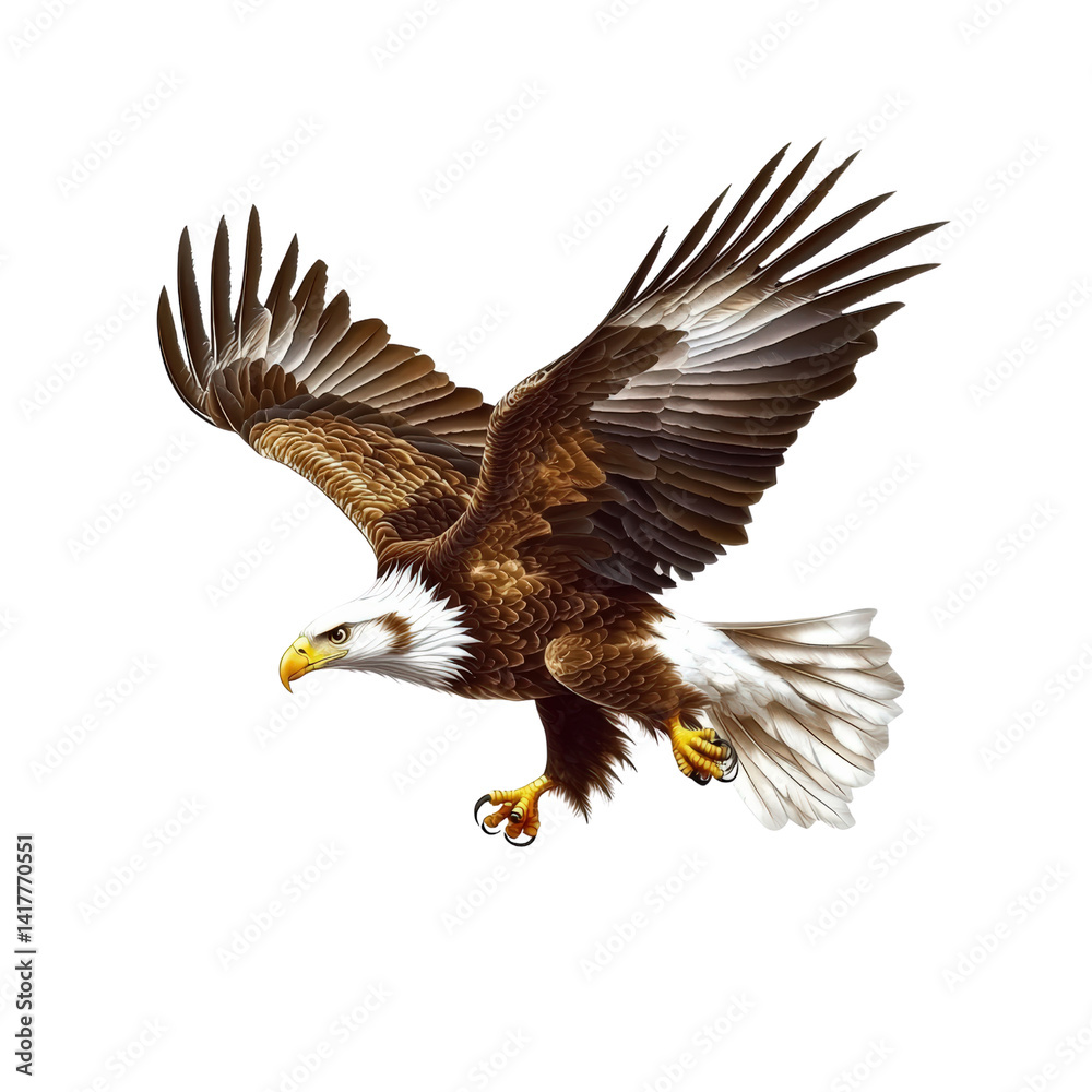Fototapeta premium Majestic flying eagle with detailed feathers soa against a plain white background showcasing strength freedom and nature's beauty in flight