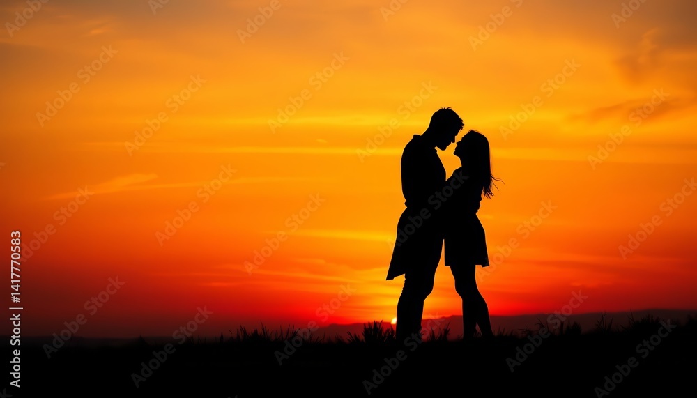 Silhouette of embracing figures against vibrant sunset, ample empty space, relationship, background