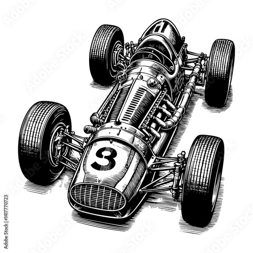 Classic racing car engraving black and white outline. Scratch board imitation.  illustrated in vintage line art style on a white background.