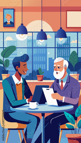 Two men are sitting at a table in a cafe, one of them holding a tablet. They are discussing something important, and the atmosphere is serious