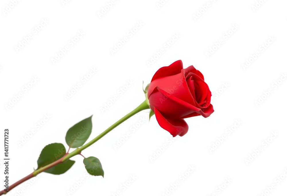 Obraz premium Single long-stemmed red rose isolated on pure white background, Valentine's Day, photography