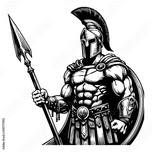 Spartan warrior engraving black and white outline. Scratch board imitation.  illustrated in vintage line art style on a white background.