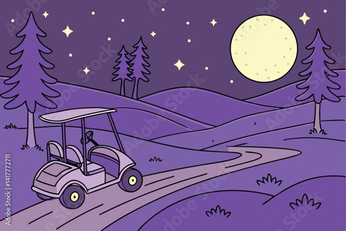 65 Night golf course, full moon, starry sky, cartoon style, vibrant colors, golf cart, flag pole, rolling hills, pine trees, glowing fireflies, purple path, tranquil landscape, fantasy atmosphere, dig