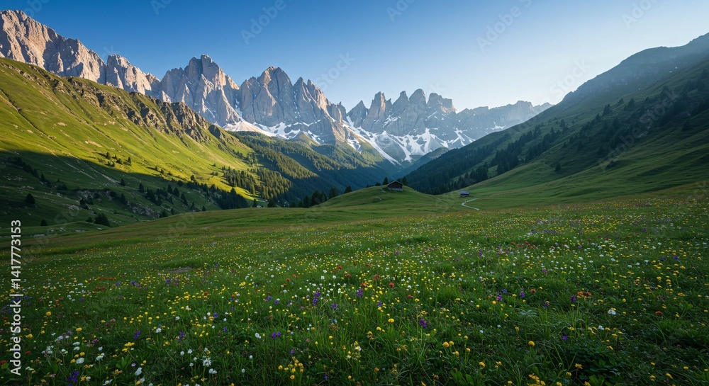 Fototapeta premium Idyllic mountain landscape in the Alps with blooming meadows in springtime