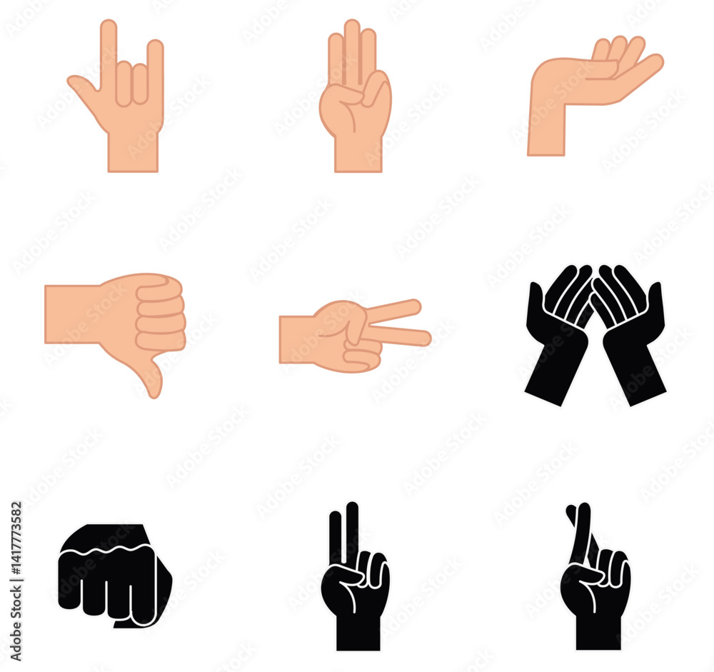 A collection of nine vector illustrations showcasing various hand gestures and signs, including 'rock on', a hand displaying three fingers A collection of nine vector illustrations showcasing various hand gestures and signs, including 'rock on', a hand displaying three fingers
