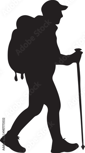 Hiking man silhouette vector illustration isolated on white background. Hiker walking with backpack.