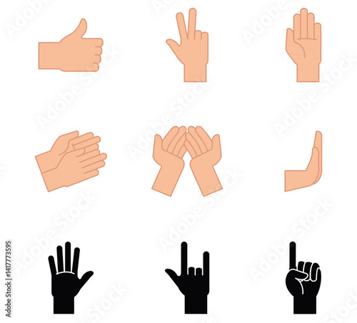 A collection of nine vector illustrations displaying various hand gestures and signs, including a thumbs up, an open palm, a hand showing three fingers