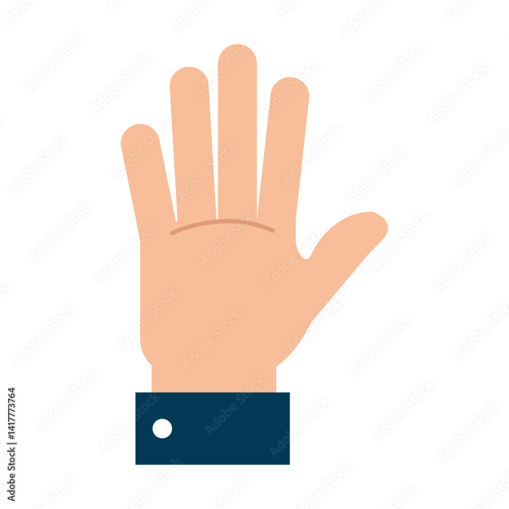 A vector illustration depicting an open hand showing all five fingers, with a dark blue sleeve and white button, representing a greeting