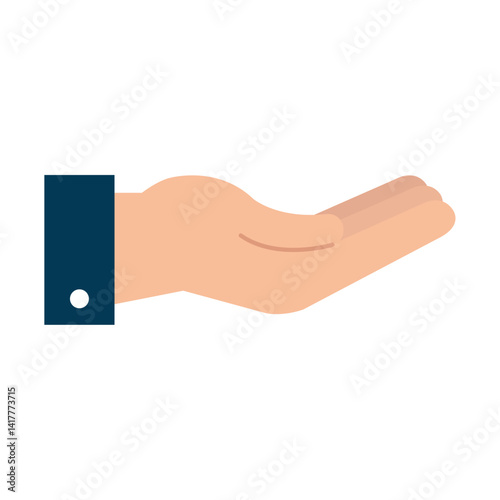 A vector illustration depicting an open hand with the palm facing upwards, featuring a dark blue sleeve with a white button, symbolizing giving